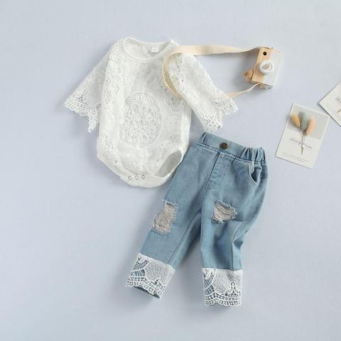 Mise au point automne enfants bébé filles vêtements ensembles dentelle fleurs à manches longues barboteuse hauts bleu Denim pantalon 2 pièces ► Photo 1/6