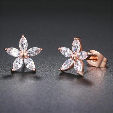 Double juste AAA + cubique Zircon fleur Rose or couleur boucles d'oreilles HotSale mode fiançailles cristal bijoux pour les femmes DFE062 ► Photo 1/6