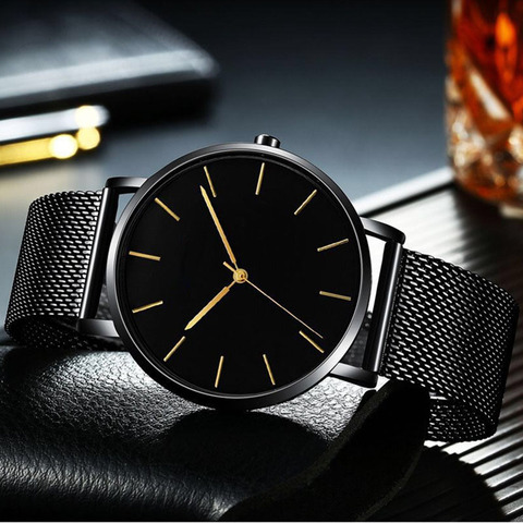 Montre à Quartz pour hommes, Ultra fine, décontractée, maille en acier, étanche, Sport, noir ► Photo 1/5