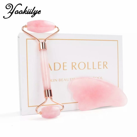 Silencieux Rose Quartz rouleau minceur visage masseur levage naturel Jade visage Massage rouleau pierre peau Massage outil boîte-cadeau ► Photo 1/6