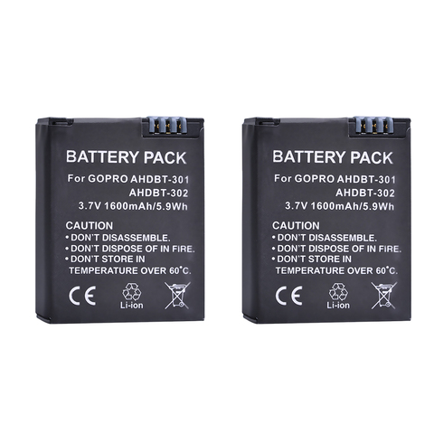 2 batteries pour GoPro Hero 3 +, 1600mAh, AHDBT-301, AHDBT-302, 2 pièces, édition noir, blanc, argent, caméra HD ► Photo 1/6