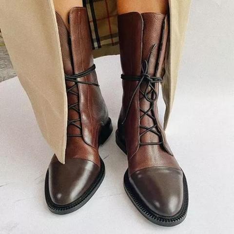 Nouvelles femmes bottes en cuir verni Style britannique plat dames bottes noir bout pointu à lacets bottes belles bottes femmes bottes ► Photo 1/5