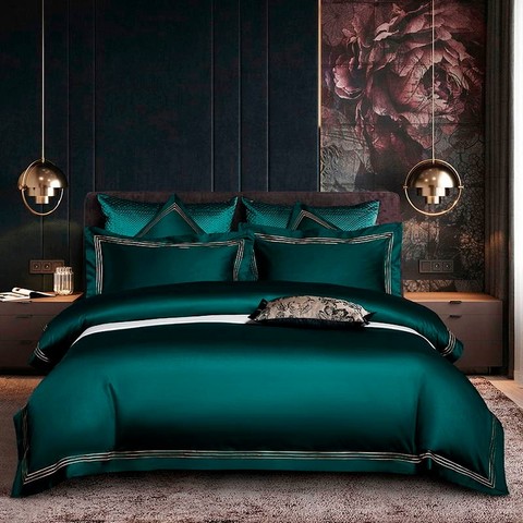 Ensemble de housse de couette bleu vert foncé brodé ensemble de literie en coton égyptien doux de qualité supérieure reine/King size 4 pièces 1 drap de lit 2 taies d'oreiller ► Photo 1/6