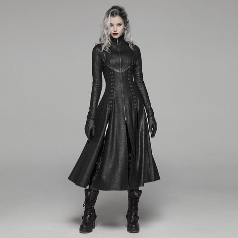 PUNK RAVE femmes Punk foncé Long manteau rétro avant fermeture éclair col montant pardessus Punk Rock scène effectuer femmes longue Trench Coat ► Photo 1/6