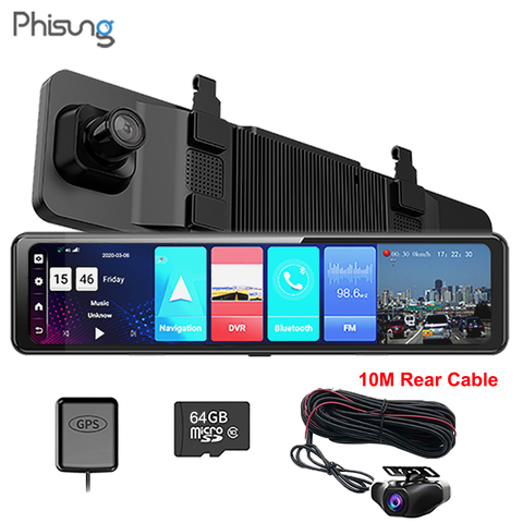 PHISUNG-caméra de tableau de bord de voiture DVR, double rétroviseur arrière, avec câble arrière de 10M, Android 8.1, 4G, ADAS FHD, 1080P, enregistreur, WiFi, GPS, navigateur ► Photo 1/6