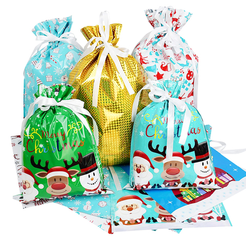 Sacs cadeaux en PVC avec cordon de serrage 42x29/31x24 cm, sacs de joyeux noël père noël, grands produits en or et argent, sac d'emballage de bonbons, 5 pièces ► Photo 1/6