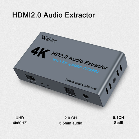 Séparateur de HD Spdif 1x2, 3.5MM, extracteur Audio, compatible HDMI, Ultra 4K, 1 entrée 2 sorties, 4K 60hz, HDR 3D, Full HD, 2.0 P, avec adaptateur d'alimentation ► Photo 1/6