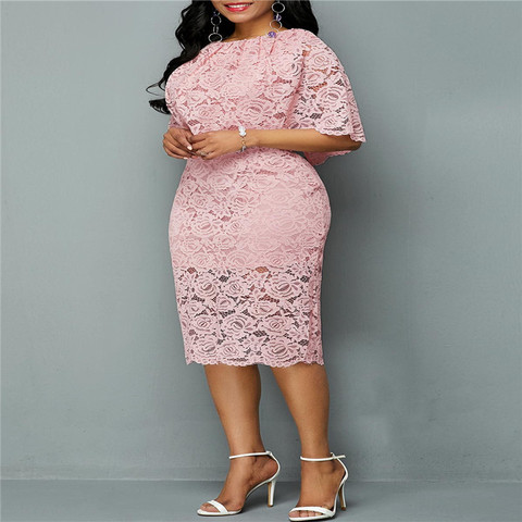 Robe dentelle rose, grande taille 5XL 6XL, robe femme élégante, soirée, grande taille, été automne ► Photo 1/6