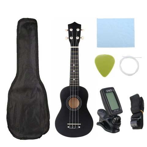 Combo ukulélé 21 ukulélé noir Soprano 4 cordes Uke Hawaii kit d'instruments de musique à cordes basse + accordeur + ficelle + sangle + sac ► Photo 1/6