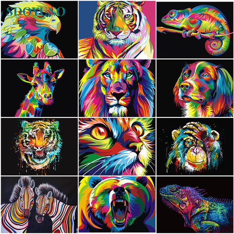 SDOYUNO 60x75 cm cadre peinture à la main par numéros Kits Lions colorés animaux peint à la main peinture à l'huile par numéros pour l'art de la décoration intérieure ► Photo 1/6