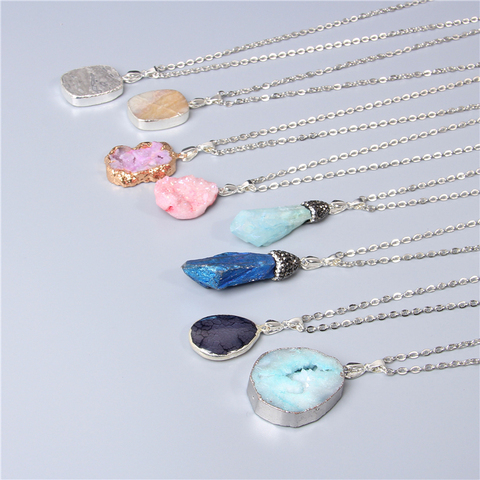 Collier quartz naturel, agates, pierres précieuses, bleu, noir, rose, chaîne en métal pour hommes et femmes, vente en gros de bijoux, cadeau ► Photo 1/6