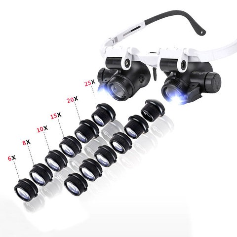 Lunettes binoculaires Loupe LED éclairé portant Loupe Loupe 6X-25X multi-lentilles remplaçables pour la réparation de montre de bijoux ► Photo 1/6