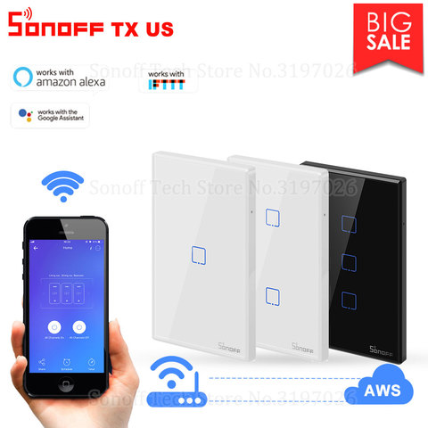 Itead Sonoff nouvelle série TX interrupteur mural US 1/2/3 gang 433 Mhz RF télécommandé Wifi commutateur tactile fonctionne avec Alexa Google Home ► Photo 1/6