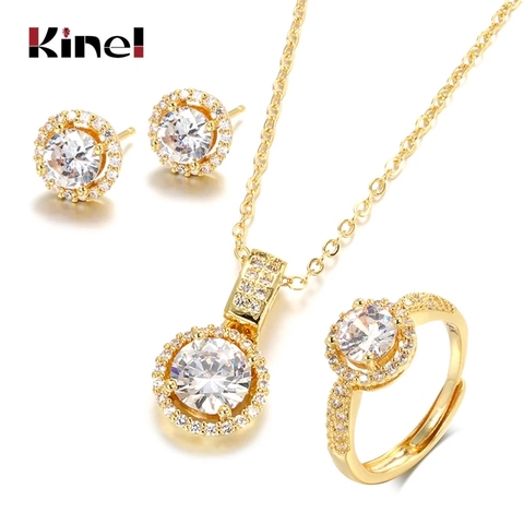 Kinel – ensemble de bijoux en Zircon or 18K, bague de fiançailles, collier, boucles d'oreilles pour mariée, bijoux de mariage, cadeau de saint valentin pour femmes ► Photo 1/6