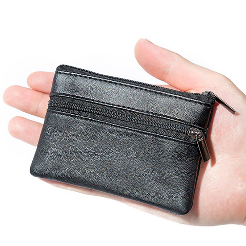 Hommes femmes cuir porte-monnaie portefeuille carte pièce clé mallette de rangement support souple fermeture éclair noir Mini monnaie sacs pochette sac fermeture éclair pochette ► Photo 1/6