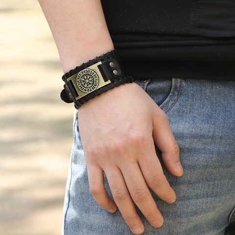 Bracelet de boussole en métal pour hommes, accessoire de fête, en cuir, large, tendance ► Photo 1/6