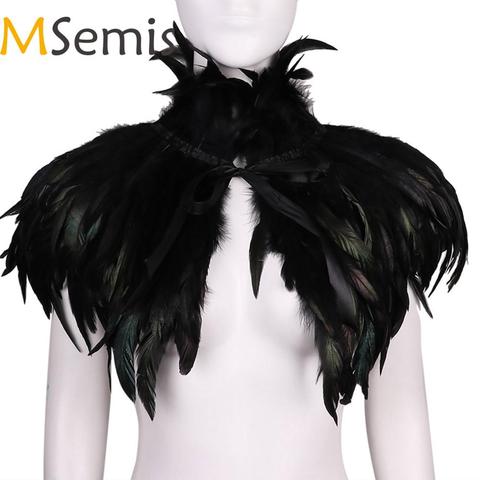 MSemis-écharpe victorienne noire gothique pour adultes, Poncho, enveloppement avec plumes naturelles, col ras du cou, Cape, étole de châle, Costume Cosplay d'halloween ► Photo 1/6