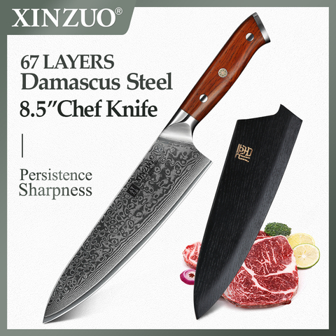 XINZUO couteau de cuisine japonais | Couteau de Chef 8.5 ''damas en acier forgé couteaux Gyutou professionnels, manche en acier inoxydable en bois de rose ► Photo 1/6