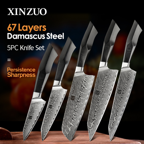 XINZUO – ensemble de 5 couteaux de Chef, 67 couches en acier damas, Santoku Cleaver, avec manche G10, outils de Chef professionnels ► Photo 1/6