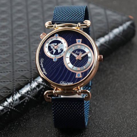 Aishy-montre-bracelet en acier inoxydable pour hommes, modèle de luxe, double zone temporelle, modèle 2022 ► Photo 1/6
