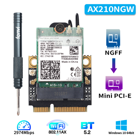 Adaptateur Wi-Fi sans fil M.2 vers Mini PCI-E, carte Intel AX200 AX210, 2974Mbps, Bluetooth 5.2, Wi-Fi 6E, AX210NGW 9260 Window 10 ► Photo 1/6