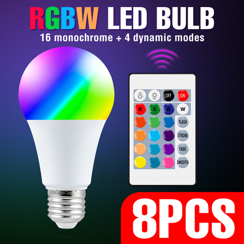Ampoule Led RGB, 220V, E27, 5, 10, 15W, 110V, variable, RGBW, télécommande IR, décoration, 8 pièces ► Photo 1/6