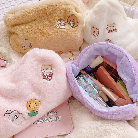 Sac cosmétique en peluche corée étudiant école porte-crayon filles grande capacité sac de rangement femmes voyage maquillage support de pochette filles cadeau ► Photo 1/6