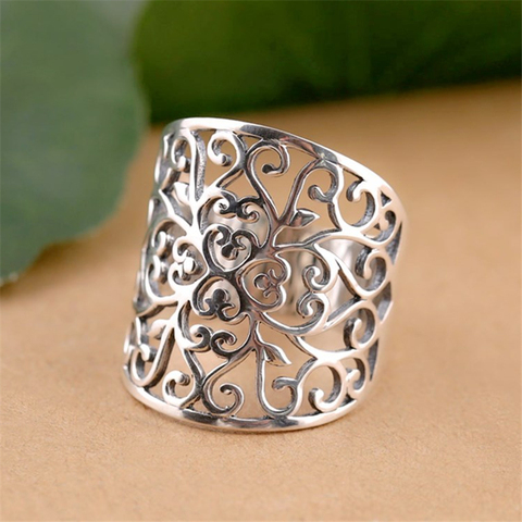 Bague Vintage en argent Sterling 925 pour femmes, grande Surface large, ajourée, motif de fleurs, sculptée, vente d'usine, livraison directe ► Photo 1/6