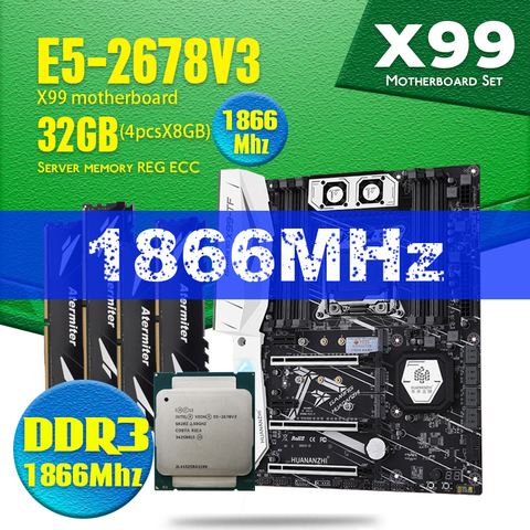 HUANANZHI X99 X99-TF Ensemble Carte Mère avec Xeon E5 2678 V3 LGA2011-3 4 pièces 8 GO = 32 GO PC3 14900R RAM 1866MHz DDR3 ECC REG Mémoire ► Photo 1/6