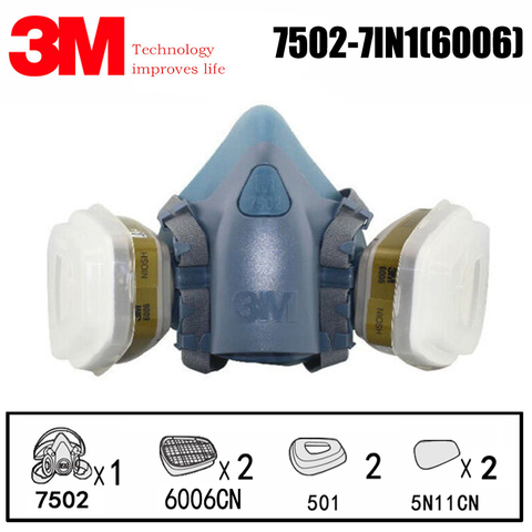 Masque de gaz Anti-organique, combinaison 7 en 1 3M 7502 avec boîte de filtre 6006, vapeur, chlore, chlorure d'hydrogène, formaldéhyde ► Photo 1/6