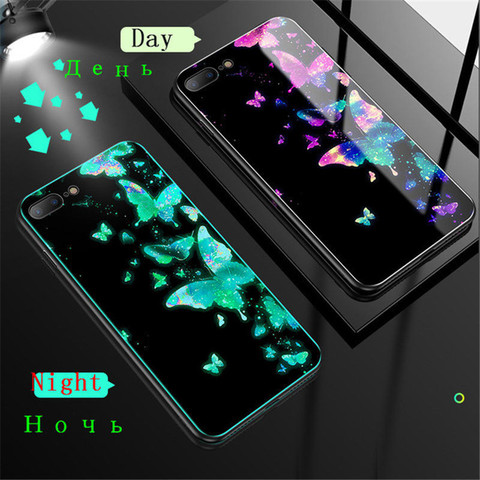 Étui en verre lumineux pour iPhone 5 5S 6 6S 7 8 Plus SE 2022 X XR XS 12 Mini 11 Pro Max étui brillant Fluorescent cellule de couverture arrière ► Photo 1/6