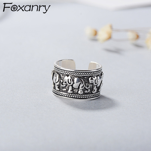 Foxanry 925 argent Sterling Vintage Animal éléphant anneaux ouverts Thai argent bijoux pour femmes cadeau ancienne mode anneaux réglables ► Photo 1/5