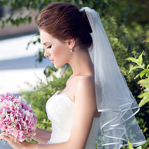 Voile de mariage en Tulle court Simple à deux couches, avec peigne, pour mariée, blanc ivoire, bon marché, accessoires de mariage ► Photo 1/6