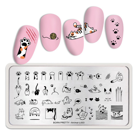 BORN PRETTY-plaques d'estampage pour ongles, mignons chats, gabarit en acier inoxydable, pour Nail Art, pochoir, pour animaux bricolage ► Photo 1/6