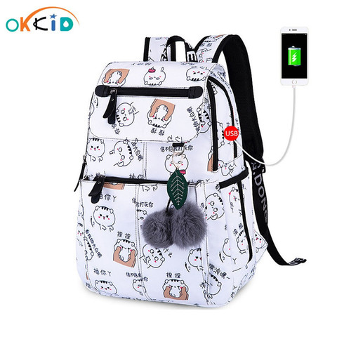 OKKID – Sac à dos filles, avec port USB pour recharger son téléphone, cartable, batterie, enfant, école, motif chat mignon, ordinateur ► Photo 1/6