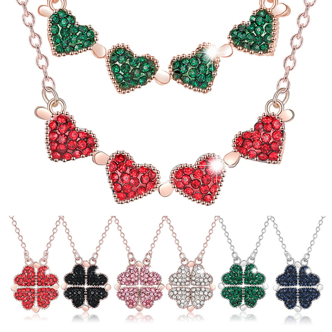 Nouveau alliage à la mode deux en un Double face quatre coeur trèfle collier cristal chanceux herbe collier mode femmes fille clavicule starter ► Photo 1/6