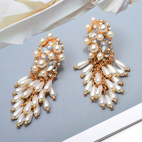 Boucles d'oreilles longues pour femmes, perles pendantes, cloutées avec cristal, accessoires de bijoux, à la mode, cadeau de noël, vente en gros, nouvelle collection ► Photo 1/6