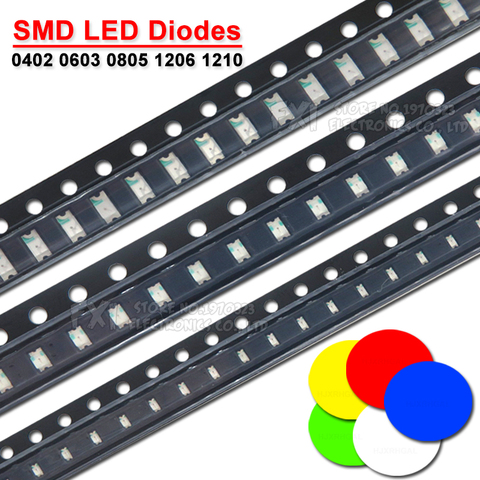 100 PIÈCES 0402 0603 0805 1206 1210 SMD LED Diodes Jaune clair Rouge Vert Bleu Blanc ► Photo 1/2