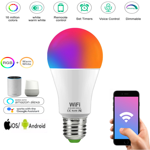 Ampoule intelligente, lampe magique, RGB, WIFI, 15W, E27 B22, fonctionne avec Alexa/Google home110 V, 220V, RGB + blanc, fonction de minuterie, variable ► Photo 1/6