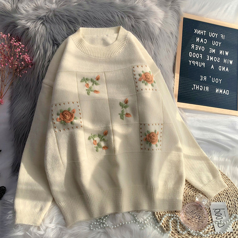 Vintage broderie hiver pull femmes pull surdimensionné coréen Harajuku vêtements pull en tricot lâche Kawaii Ulzzang tricots ► Photo 1/5