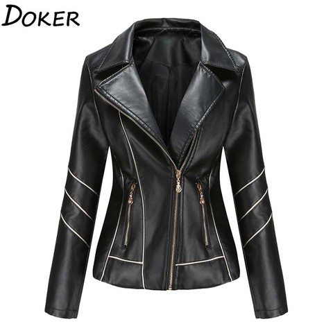 Vestes en Faux cuir noir femme, automne hiver veste de motard à manches longues, grande taille fermeture éclair manteau de base col rabattu ► Photo 1/6