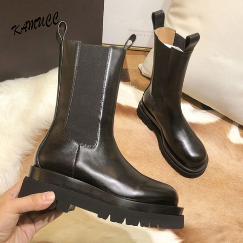 2022 grosses bottes femmes chaussures d'hiver en cuir en peluche bottines noir femme automne Chelsea bottes mode plate-forme chaussons ► Photo 1/6