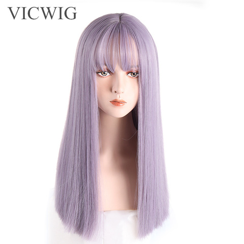 VICWIG synthétique haute température fibres longues perruques droites pour les femmes violet gris vert Cosplay avec frange postiches naturelles ► Photo 1/6