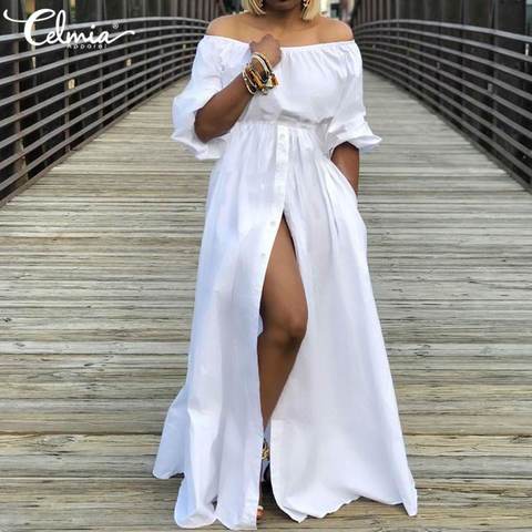 Celmia haute fendue Sexy robe femmes hors épaule longue robe décontracté en vrac solide grande taille robe d'été taille haute boutons robe ► Photo 1/6