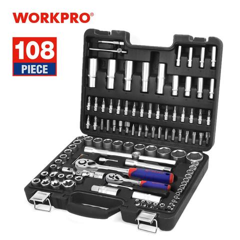 WORKPRO 108PC ensemble d'outils de réparation de voiture Kits d'outils de réparation automatique jeu de douilles jeu de clés à cliquet clé ► Photo 1/6