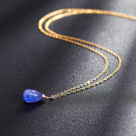 DAIMI – pendentif en pierre précieuse de Tanzanite, collier en or véritable et naturel 14K, chaîne à clavicule en Injection, cadeau féminin ► Photo 1/6