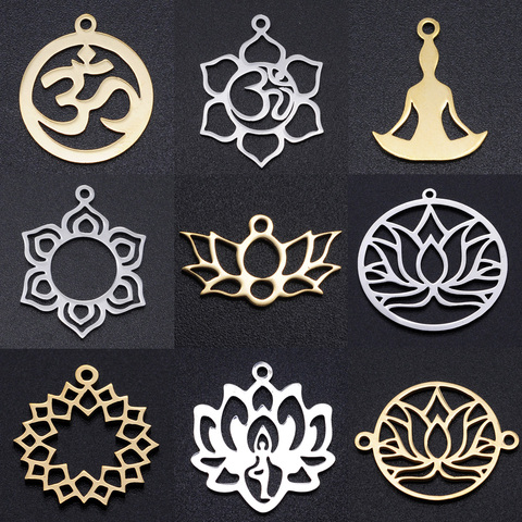 5 pcs/lot fleur de la vie bricolage breloques en gros 100% en acier inoxydable Yoga Lotus connecteurs charme Om Hansa main bijoux pendentif ► Photo 1/6