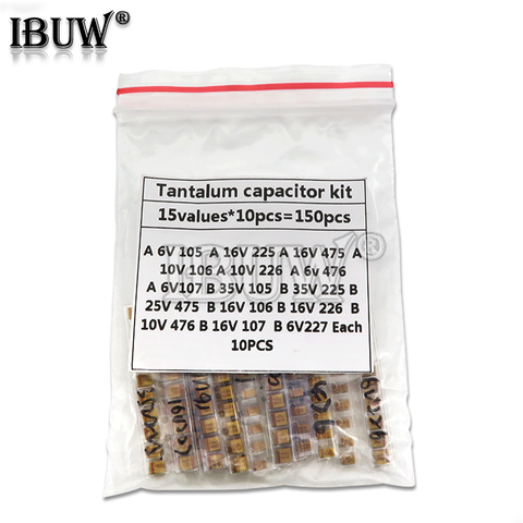 Kit d'assortiment de condensateurs au tantale, 15 valeurs SMD, 1uf-220uf A/B, boîtier 1UF 2.2UF 4.7UF 10UF 47UF ► Photo 1/2