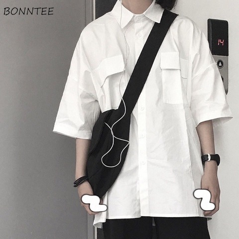 Blouses blanches Couple Ulzzang Harajuku basique été rétro Femme chemises femmes demi-manches Simple poche loisirs étudiant Chic hauts ► Photo 1/6