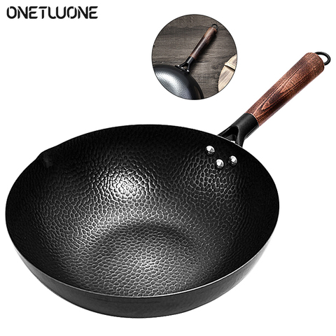 Wok en fer avec manche en bois, ustensile de cuisine traditionnel fait à la main, poêle antiadhésive, sans revêtement, ustensile de cuisinière à gaz ► Photo 1/6